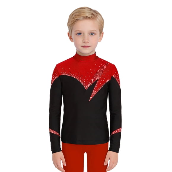 Runhomal Kids Boys Figure Skating Shirts Long Sleeve Color Block Back Zipper Tops Shiny Roller Skating T-shirt Red 6