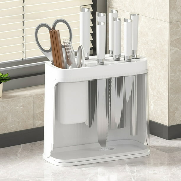 Organizador multifuncional para cuchillos de cocina | Portacubiertos de plástico para cuchillos, tenedores y cucharas | Estante para utensilios de cocina | Amarillo, blanco y gris