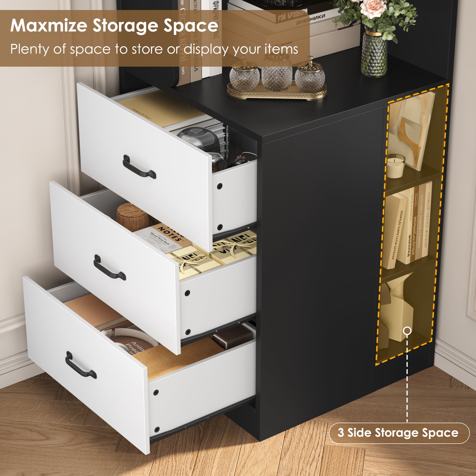 Hiphuta 77"Tall L-Shaped Corner Bookshelf with Drawers and Side Storage, Modern Wood Bookcase with 4-Tier Display Shelves Storage Cabinet for Living Room Home Office , Black & White