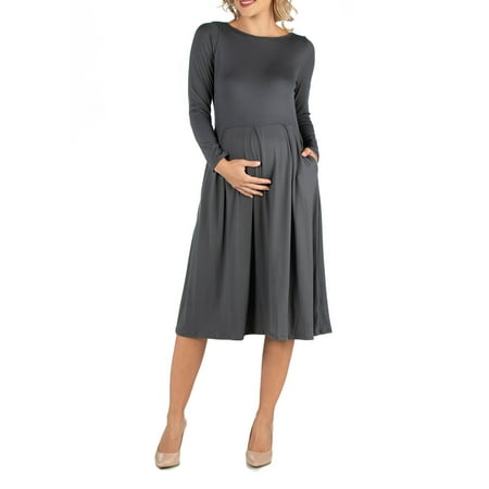 

24seven Comfort Apparel Midi Length Fit N Flare Pocket Maternity Dress M0116161 Made in USA