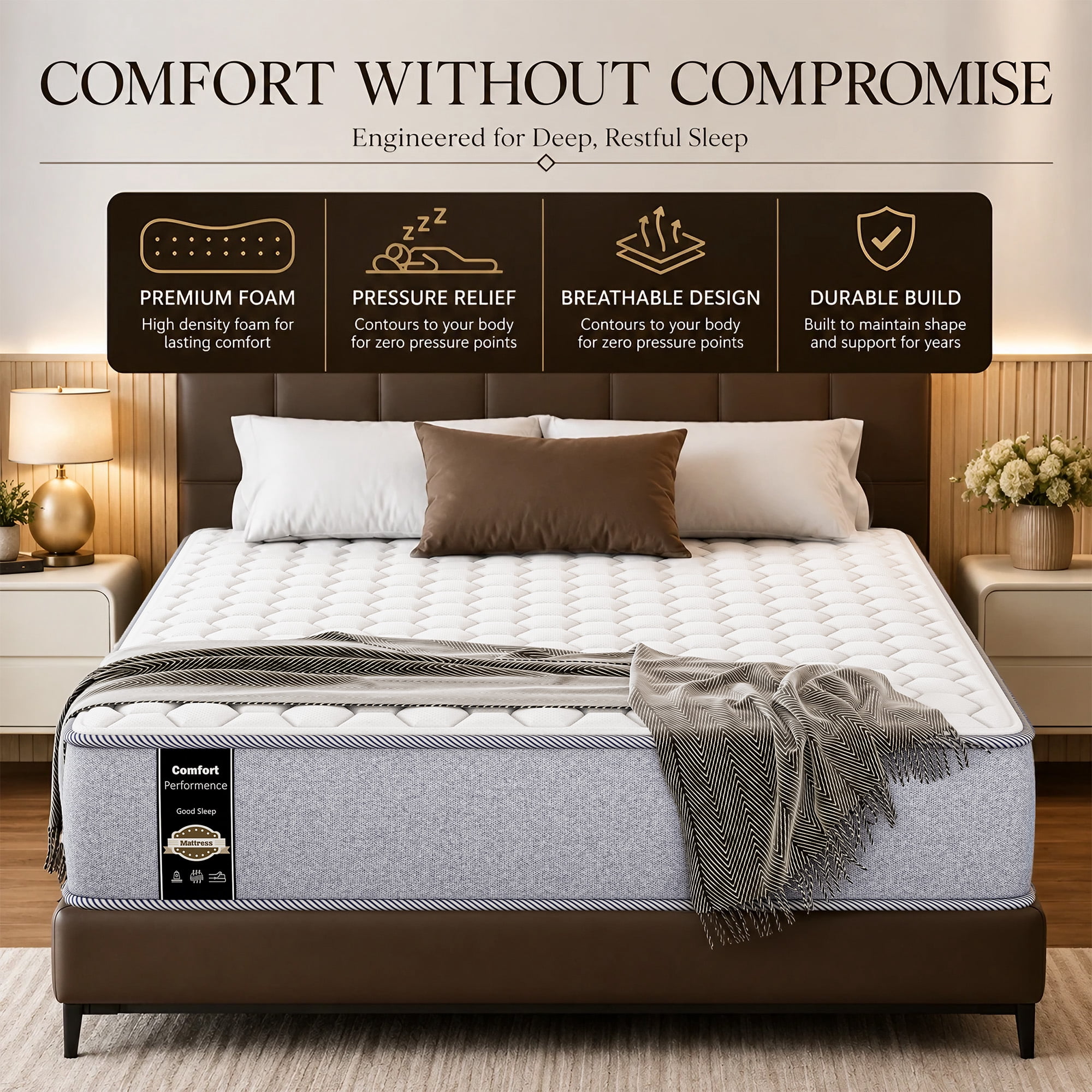 Continental Sleep, 7-Inch Medium Firm High Density Foam Mattress, Comfortable Mattress for Cooler Sleep, Supportive & Pressure Relief, King, White
