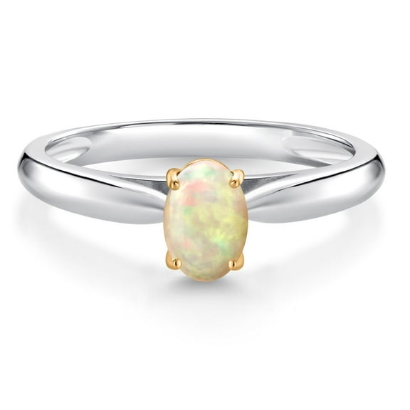 Gem Stone King 0.32 Ct Oval Cabochon White Ethiopian Opal 925 Silver and 10K Yellow Gold Solitaire Engagement Ring (Size 5)