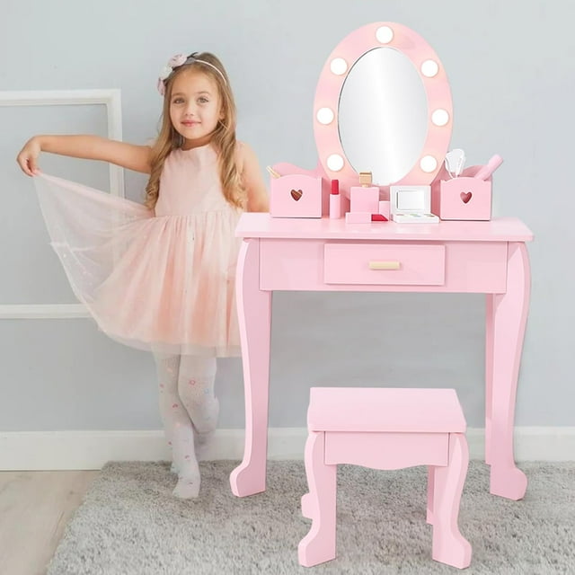 Kids Vanity with Lighted Mirror, Toddler Vanity Table and Chair Set, Girls Makeup Playset, Pink