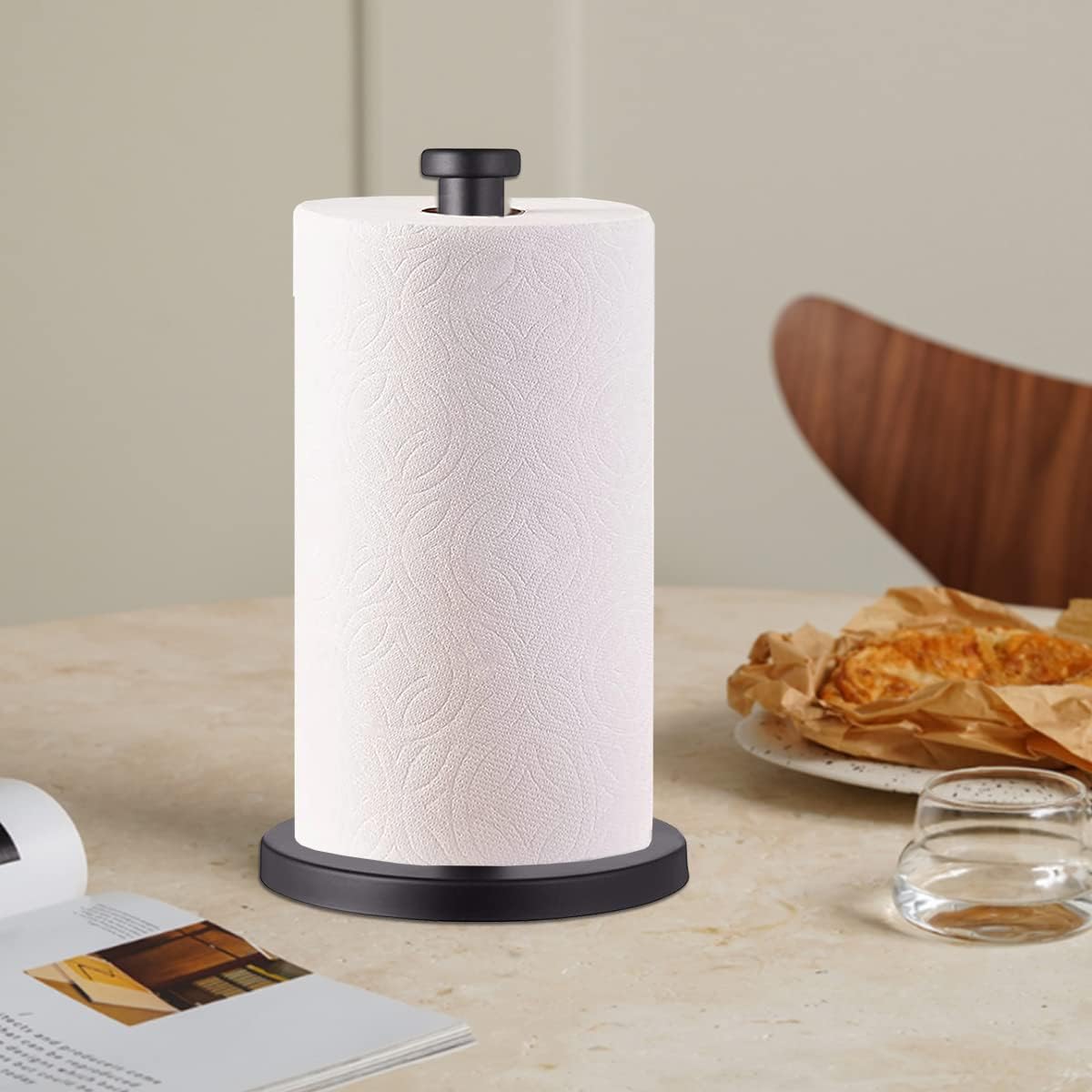 RGHJAR-Black Standing Paper Towel Holder for Kitchen& Bathroom Countertop,Under Counter, Table Or BBQ, Standard or Jumbo-Sized Roll Paper (with Stainless Steel Base)