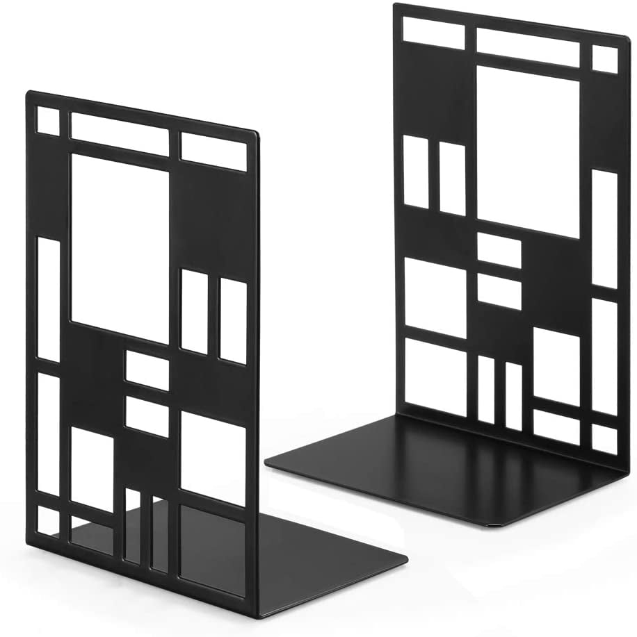 Book Ends for Shelves for Books, Metal Heavy Duty Bookend Black 1 Pair, Abstract Art Desgin Book Stopper Supports for Office