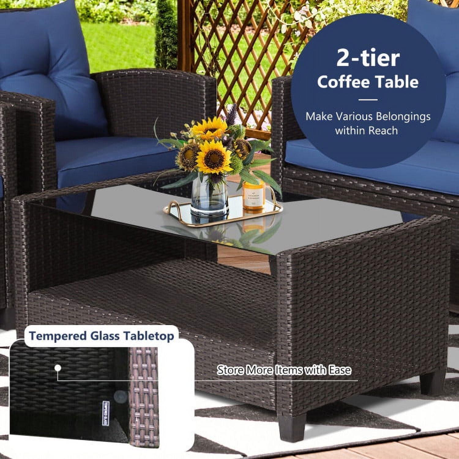 Aimee Lii 4 Pieces Wicker Patio Furniture Set with Tempered Glass Coffee Table, Wicker Outdoor Sectional, Navy Aimee Lii 4 Pieces Wicker Patio Furniture Set with Tempered Glass Coffee Table, Wicker Outdoor Sectional, Navy