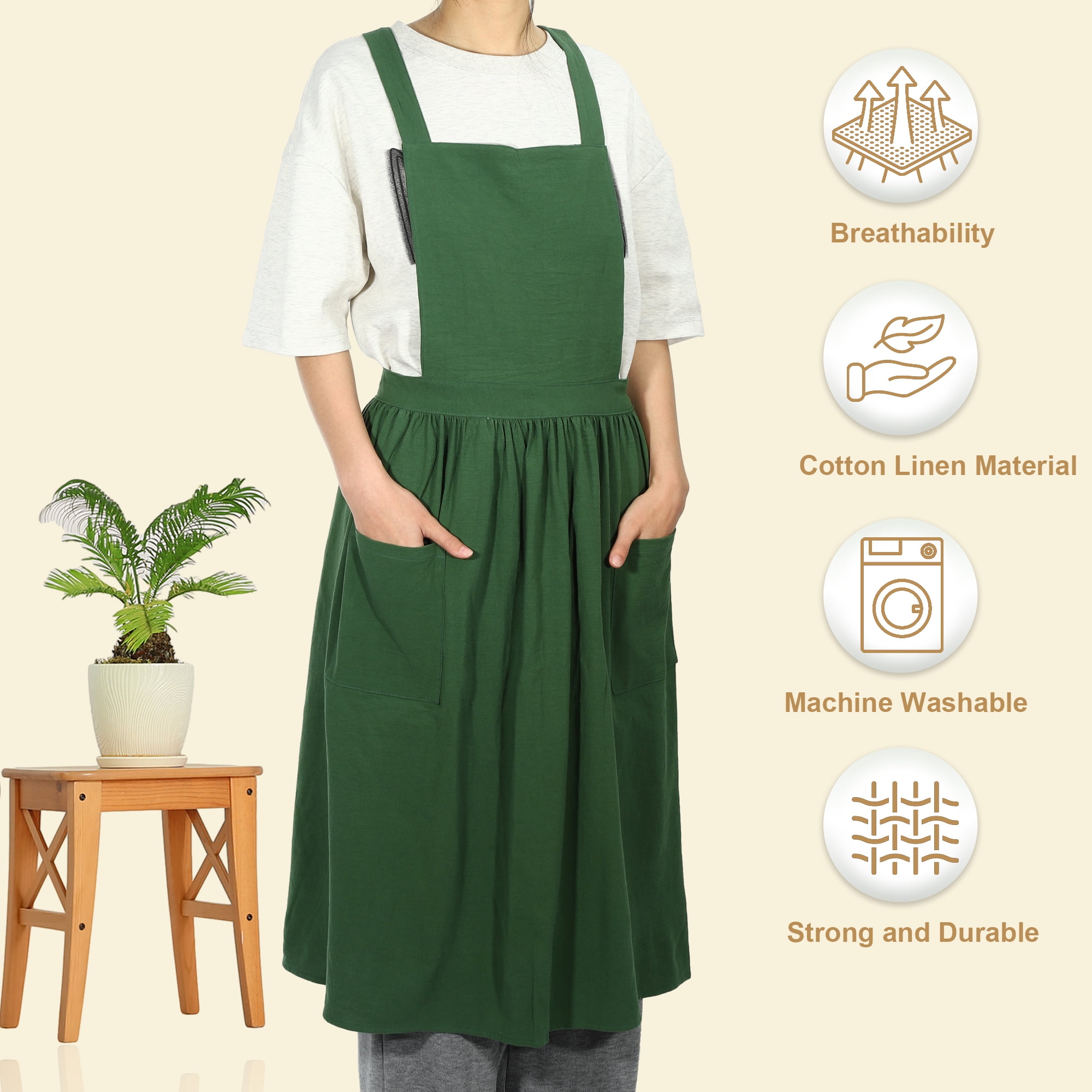 Unique Bargains Cotton Linen Cross Back Apron with Pockets Green