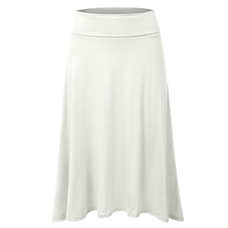 Doublju Women's High Waist Elastic Soft Flare Flowy Midi Skirt (Plus Size Available)