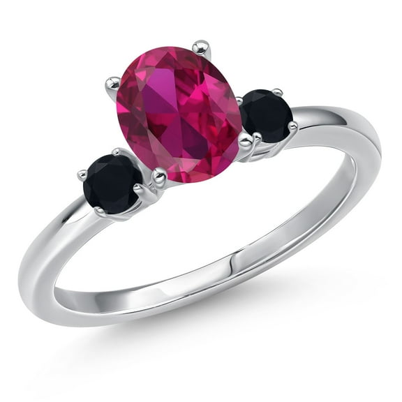 Gem Stone King 14K White Gold Red Created Ruby and Black Onyx Engagement Ring for Women | 1.55 Cttw | Oval 8X6MM | Gemstone July Birthstone | Size 5
