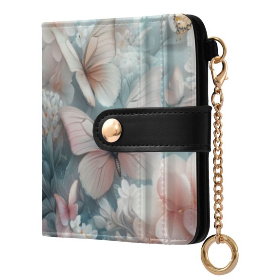 Qxltty Pink and White Butterfly Ladies Wallet Rfid Slim Thin Compact Credit Card Women Wallet Zipper Coin Pocket and ID Window for Female Gifts