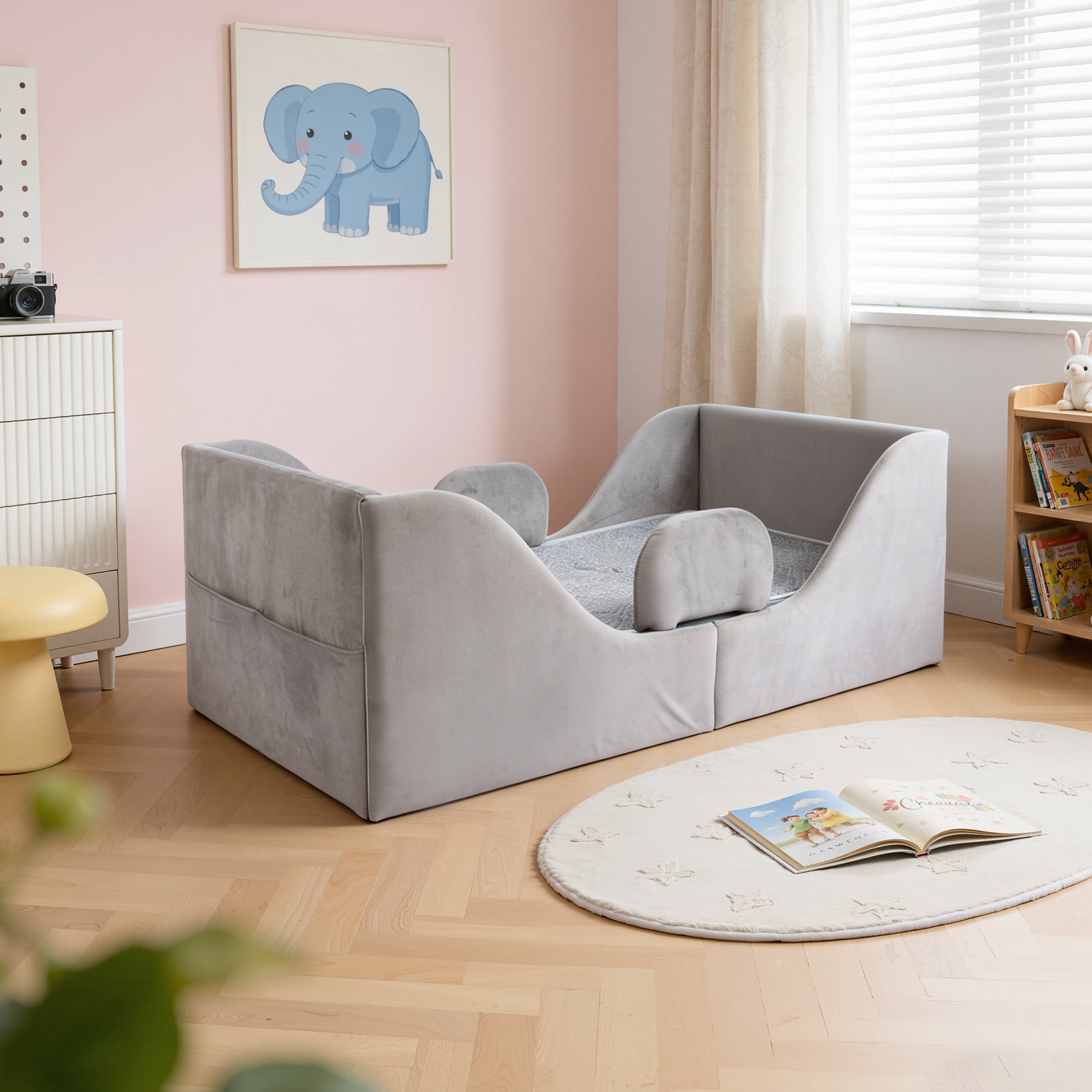Spanspace Toddler Bed, Toddler Floor Bed – Low-to-Ground Design with Detachable Guard Rails, Soft Upholstered Transition Bed, Standard Crib Size for kids Ages 1–6 (Gray)