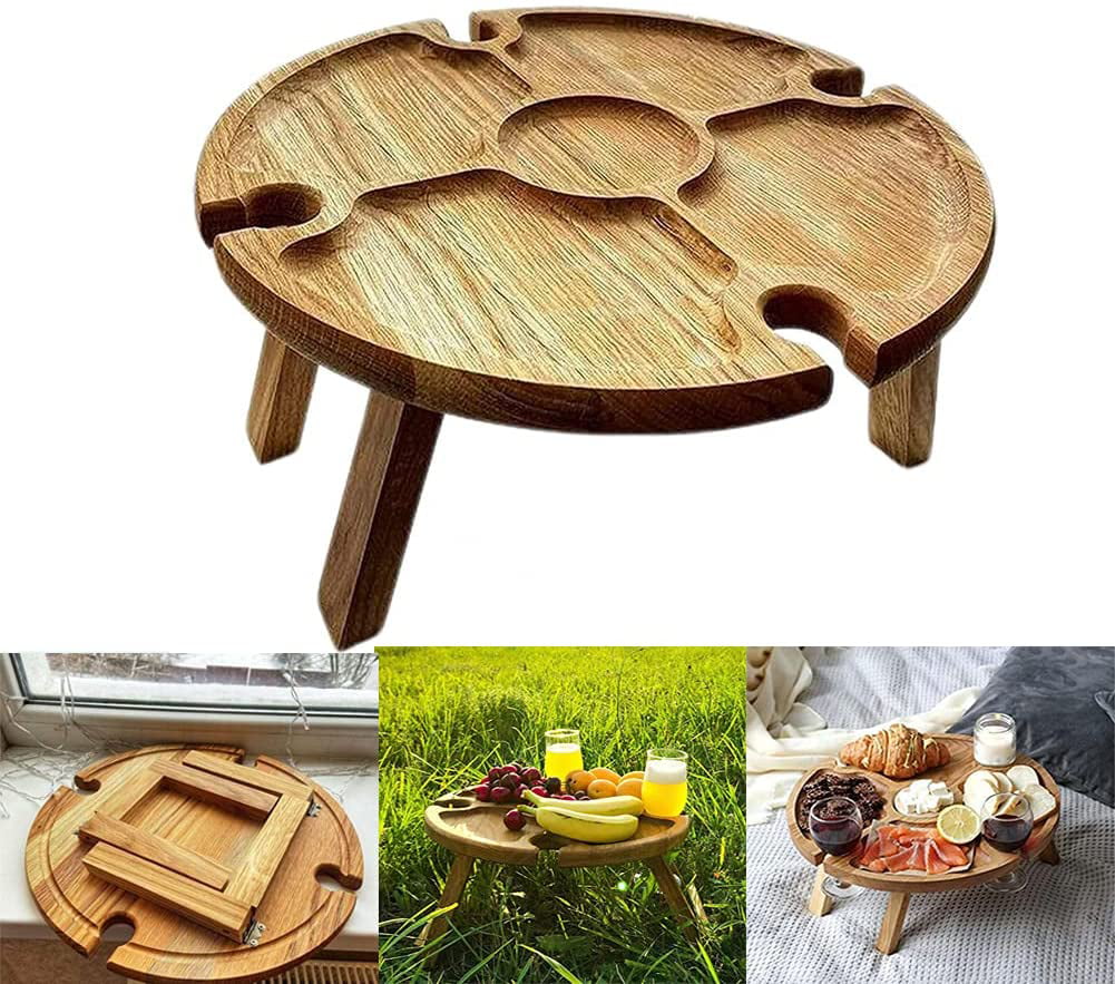 Ranber Wooden Double Layer Portable Folding Picnic Outdoor Wine Table for Garden Porch Beach Snack Table Outdoor Party Picnic-B