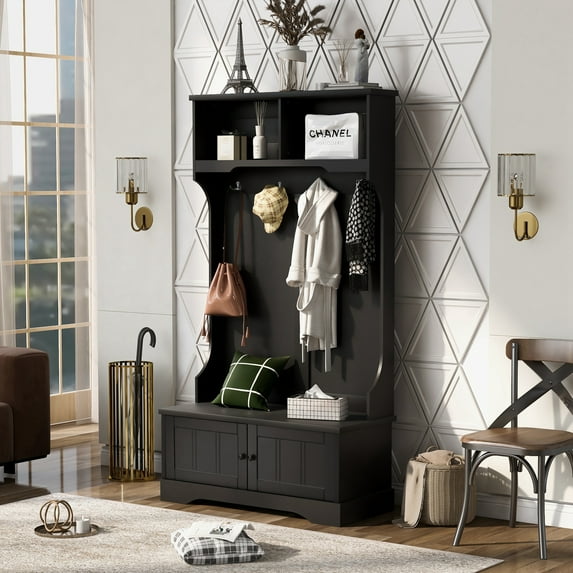 Hall Tree with Bench and Shoe Storage, 3 In 1 Entryway Bench with Coat Rack, Mudroom Bench with Storage and 4 Double Hooks, Entryway Furniture for Hallway (Black, 40"L x 18.5"W x 72"H)