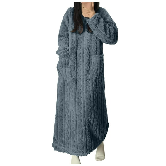 Juosiy Women Autumn and Winter Coral Fleece Nightgown Casual Solid Color Warm Boat Neck Long Sleeve Long Nightdress