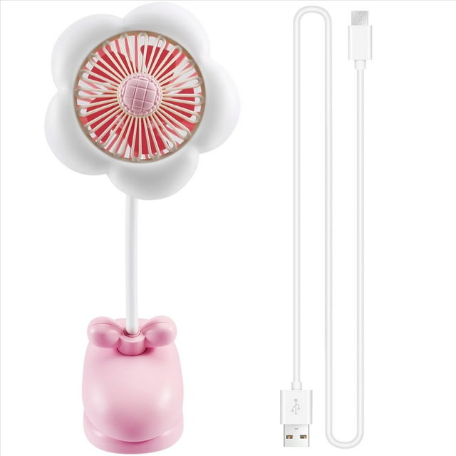 Ventilador de Clip Recargable por USB con Diseño de Flores, Rotación de 360° y Luces LED, Ideal para Cochecito de , Camping, Color Rosa.