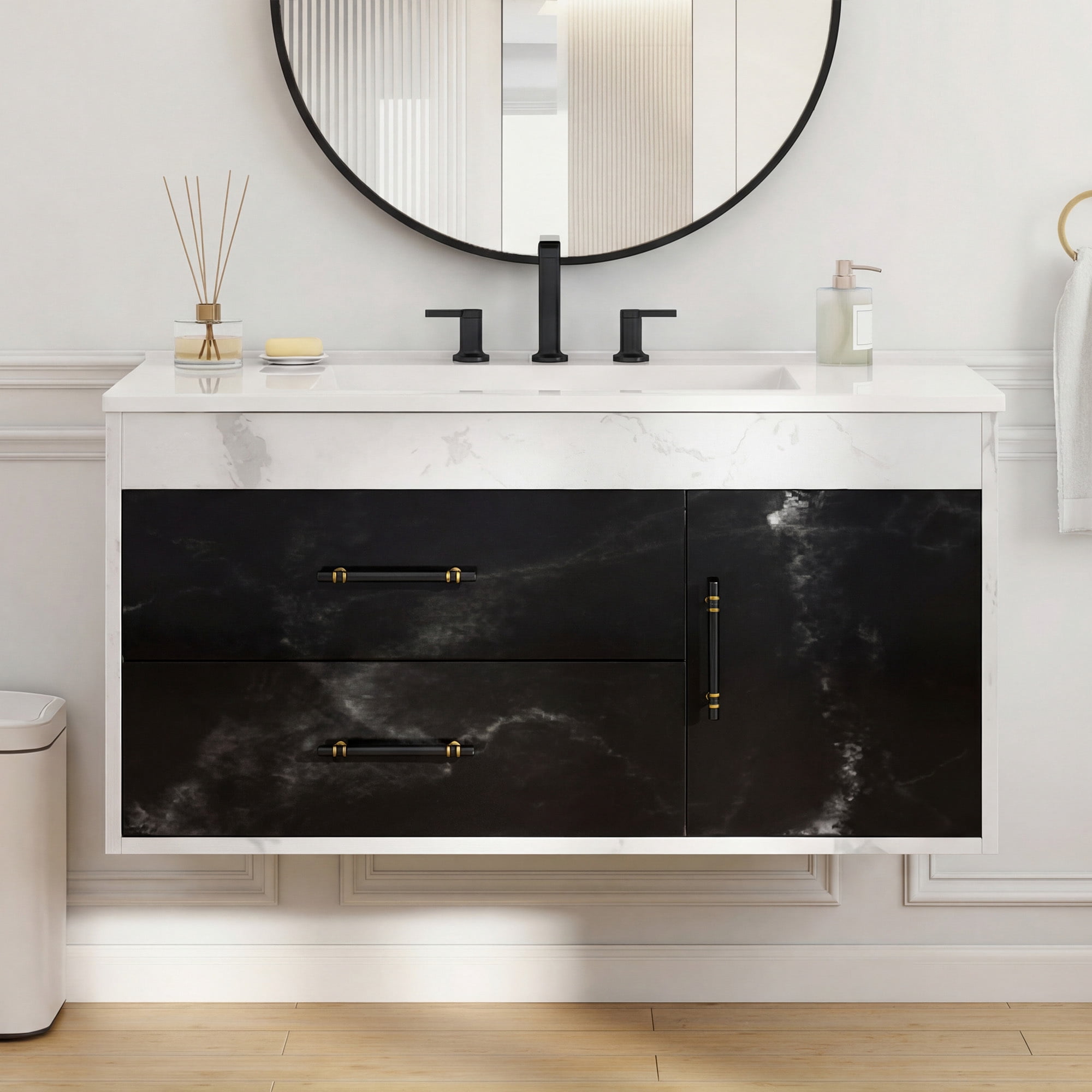Uforic 37 Inch Floating Bathroom Vanity with Sink, Wall Mounted Bathroom Vanity Cabinet with 2 Drawers & Pre-drilled Three Holes, Modern Black-White Color Block with Marble Texture