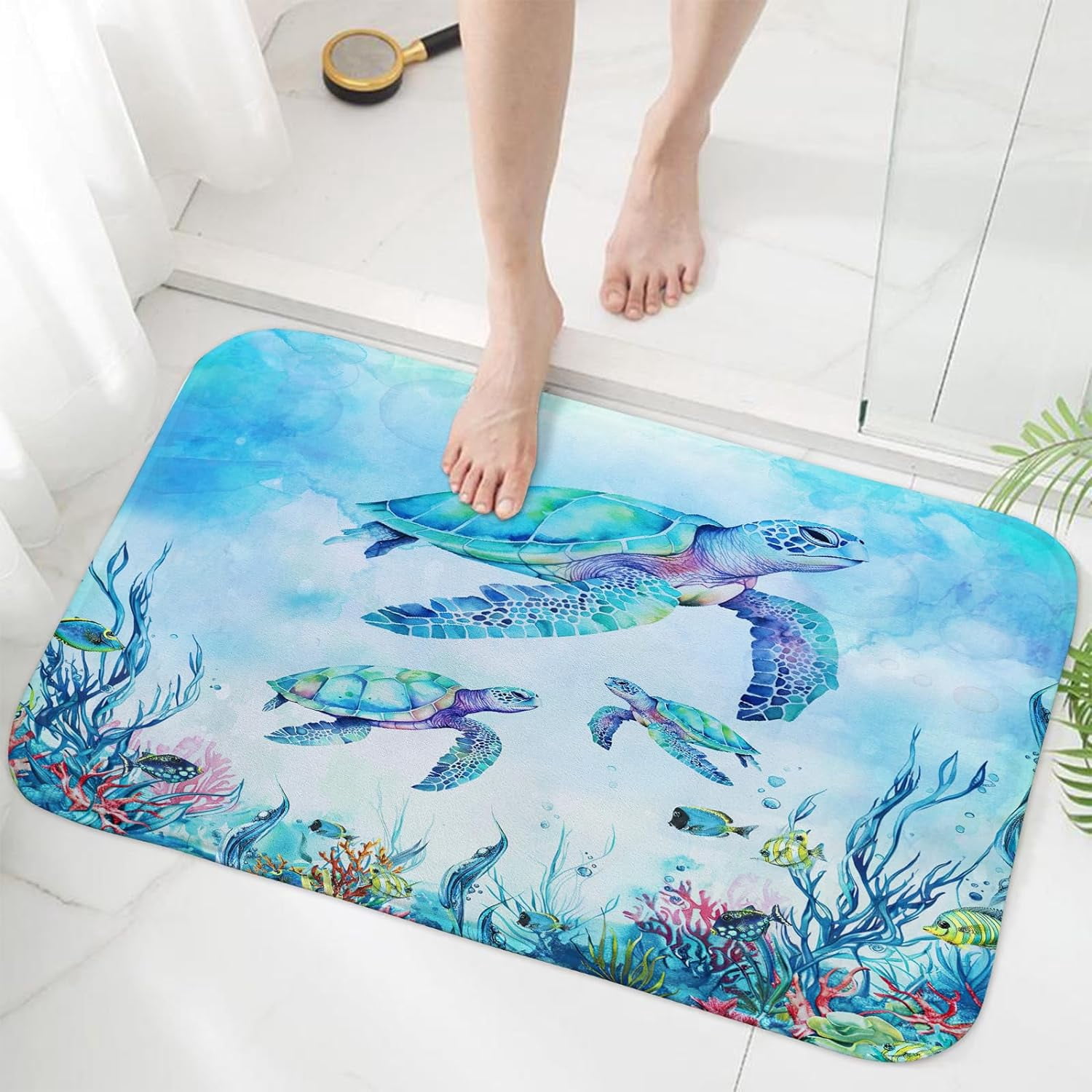 Beach Sea Turtle Bath Mat Rug for Kids Bathroom, Blue Coastal Ocean Beachy Tropical Fish Bathroom Floor Rugs Mats Non Slip Kitchen Indoor Nautical Aqua Decor Decoration Accessories 17X29 in