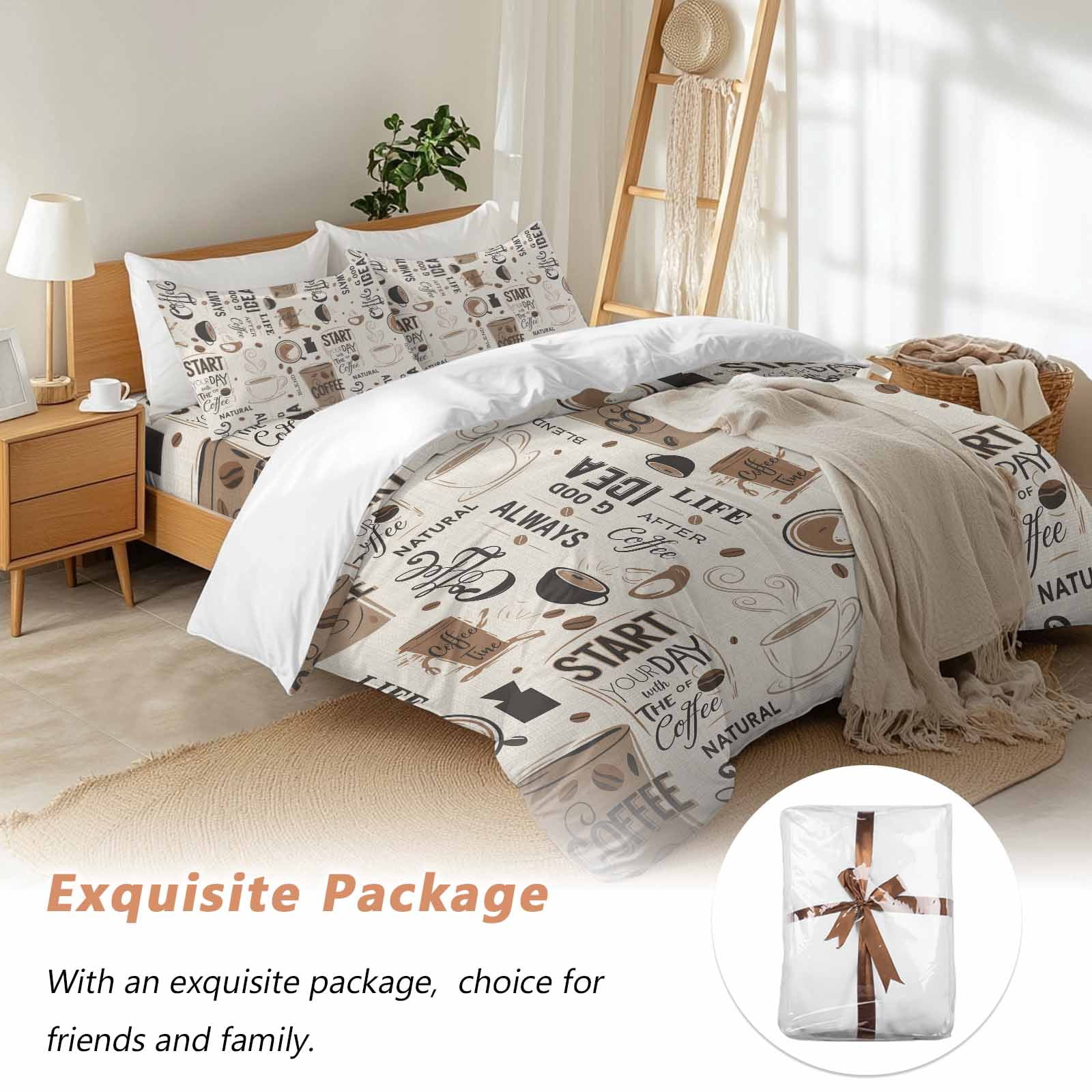 Coffee Cup Bedding Duvet Cover Set Full Size 4 Pieces Coffee Beans Linen Background Soft Twill Plush Quilt Cover, Include 1 Duvet Cover 1 Flat Sheet And 2 Pillow