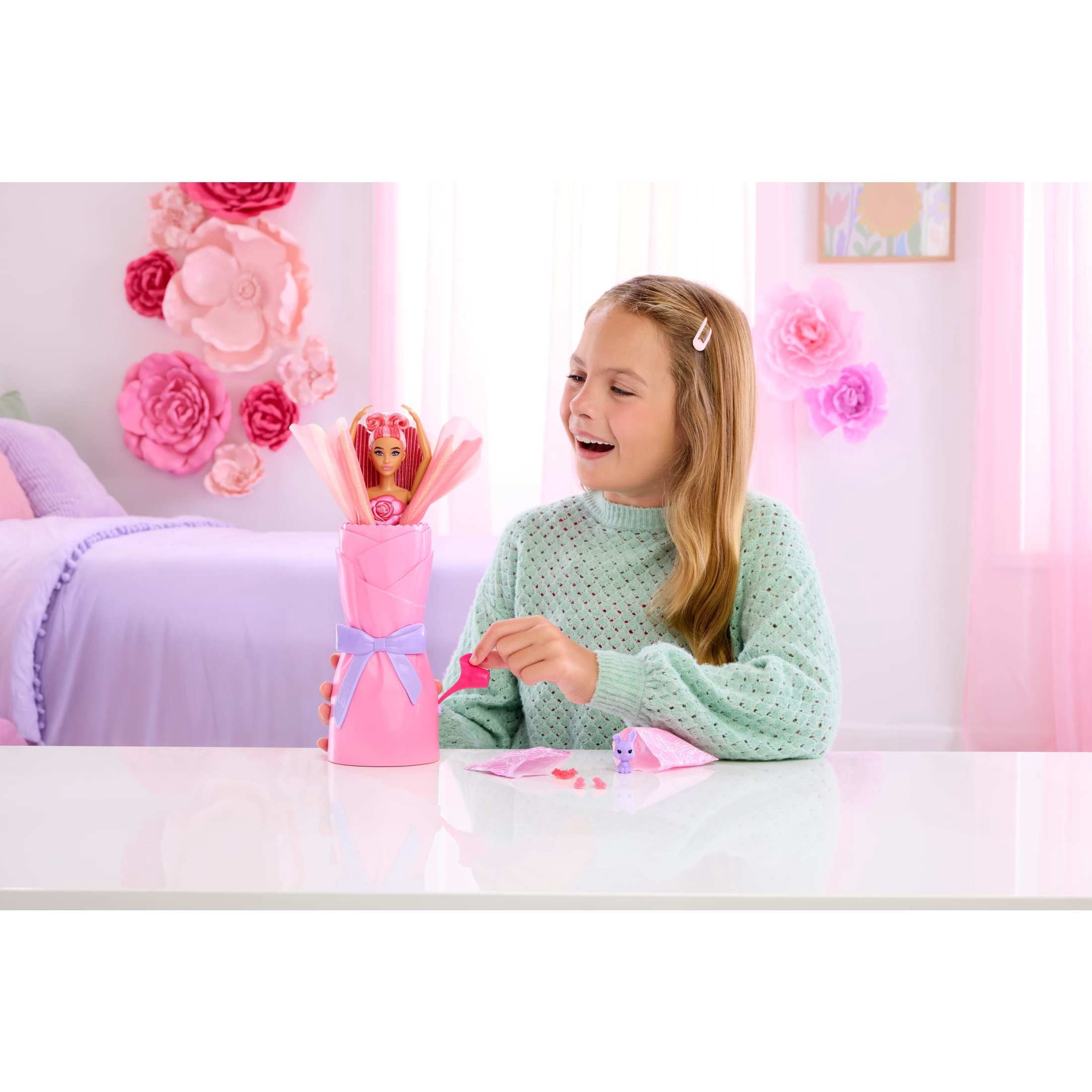 Barbie Petal Pop Scented Fashion Doll with Rose Dress, Reveal Accessories like Bunny & More