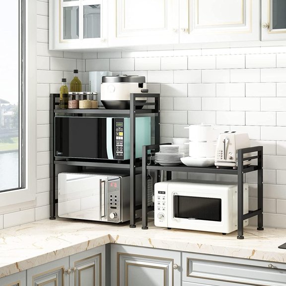 Expandable Microwave Rack, Countertop Kitchen Utensils Tableware Storage, Carbon Steel 3 Tier Shelf with 3 Hooks