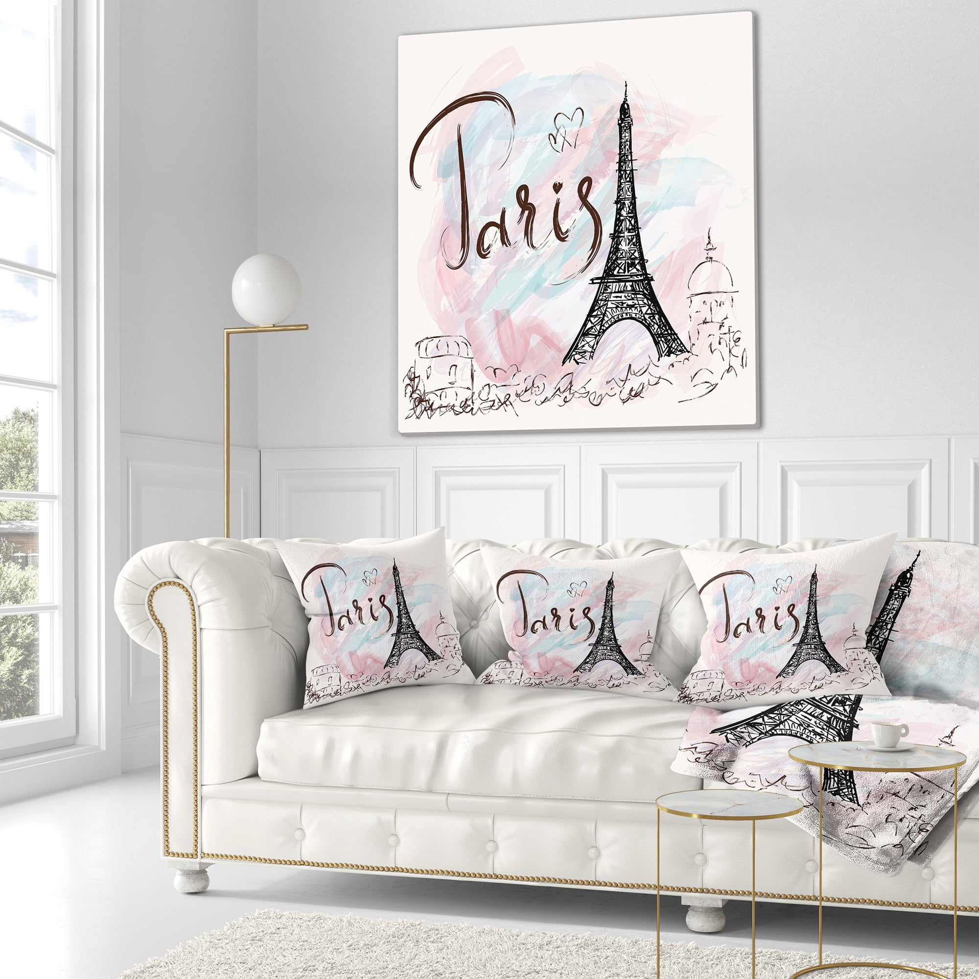 Designart Illustration with Paris Eiffel Tower - Abstract Cityscape Throw Pillow - 16x16