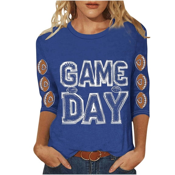 Gamivast Womens Graphic T Shirts Game Day Multi Ball Graphic Print Crew Neck 3/4 Sleeve Graphic Tees Basic Tees Casual Athletic Game Day Wear