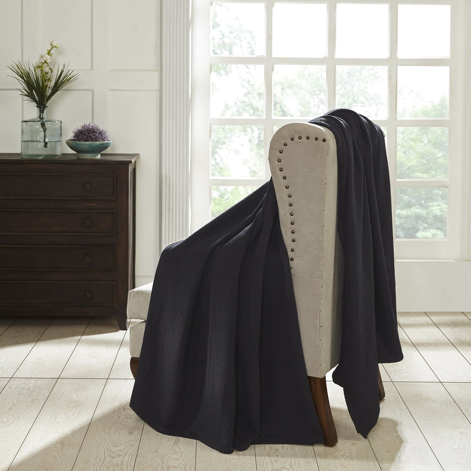 Superior Waffle Weave Knit Cotton Blanket, Full/ Queen, Black