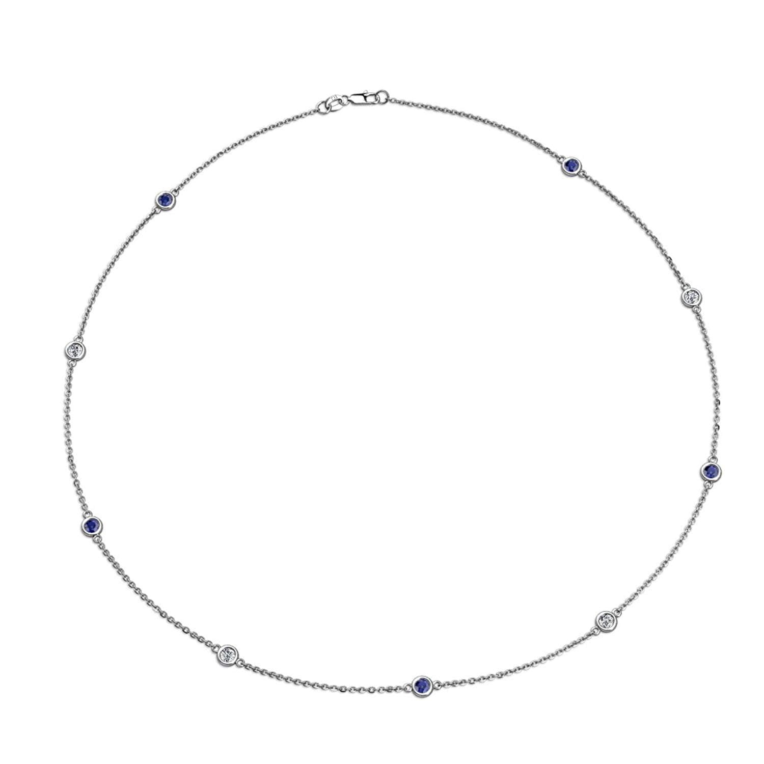 Blue Sapphire and Diamond (SI2-I1, G-H) 9 Station Necklace 0.65 cttw in 14K White Gold by TriJewels