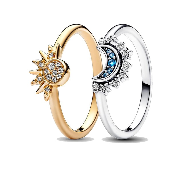 Juego de anillos Kingel Celestial Sun and Moon chapados en oro y plata de 14 quilates