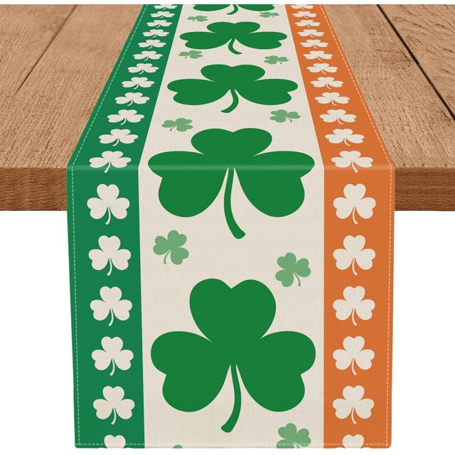 St. Patricks Day Table Runner Shamrock Green and Orange Stripe Table Decorations Holiday Spring Kitchen Dining Home Party Supply 13x108 Inch