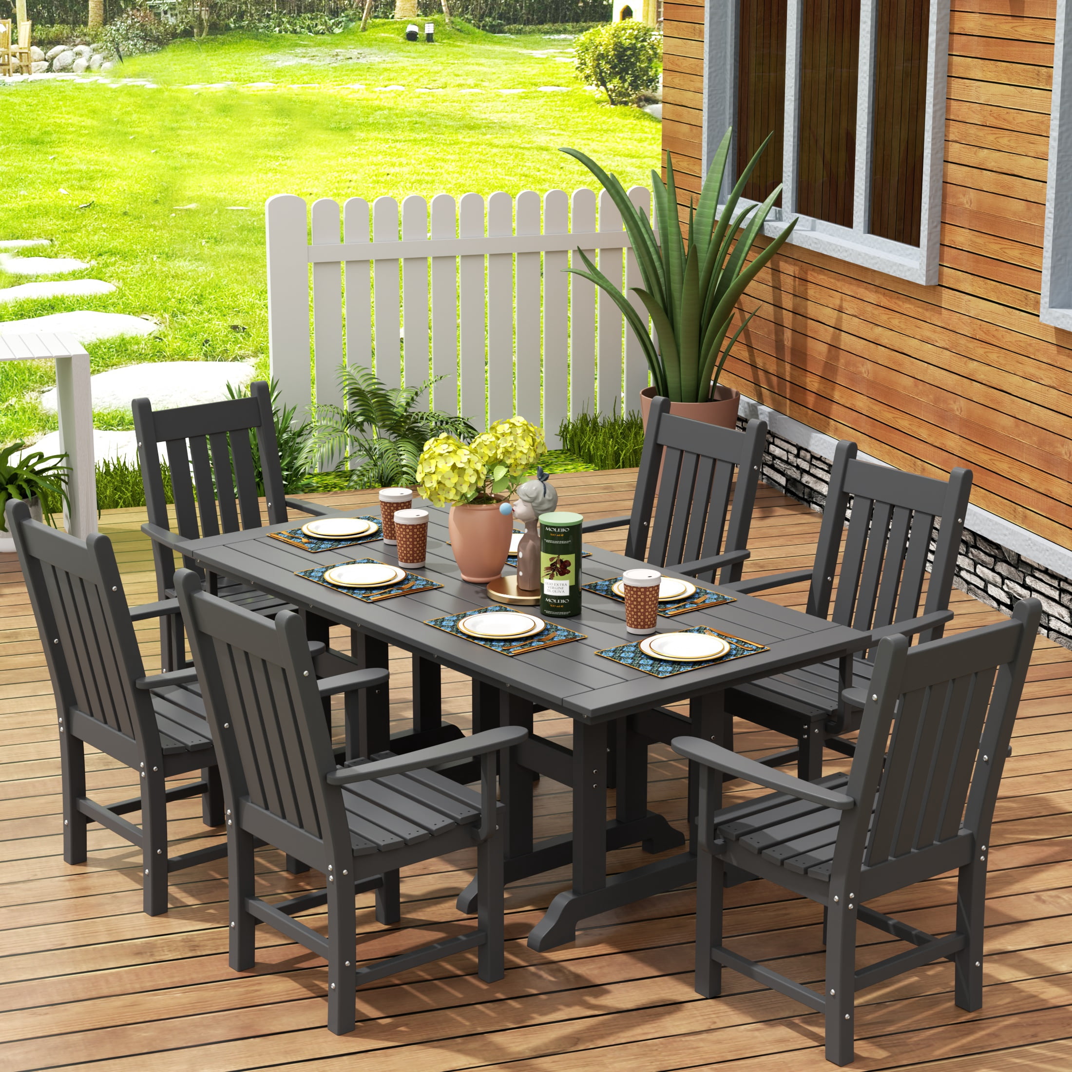 WestinTrends Malibu 7 Piece Outdoor Dining Set, All Weather Poly Lumber Patio Table and Chairs Furniture Set, 71" Trestle Dining Table with Umbrella Hole and 6 Arm Chairs, Gray
