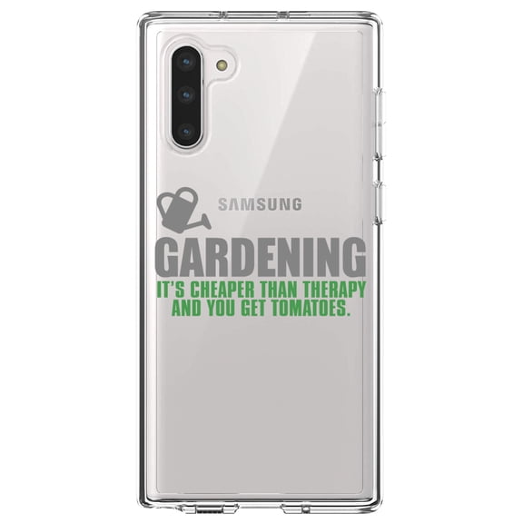 DistinctInk Clear Shockproof Hybrid Case for Samsung Galaxy Note 10 (6.3" Screen) - TPU Bumper Acrylic Back Tempered Glass Screen Protector - Gardening - Cheaper Than Therapy & You Get Tomatoes