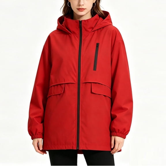 IUYRTFE Women's Hooded Windbreaker Jacket Long Sleeve Mid Length Zip Up Outdoor Coat with Pockets