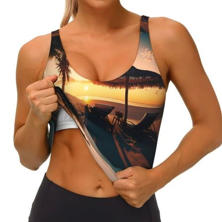 Qokaie Hawaiian Sunset Beach Pattern Womens Scoop Neck Sports Bra Breathable Workout Vest Padded U Back Medium Impact Fitness Gym Yoga Bra Workout Crop Top