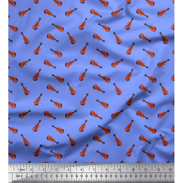 Soimoi Silk Fabric Guitar Musical Instrument Print Fabric by Yard 42 Inch Wide