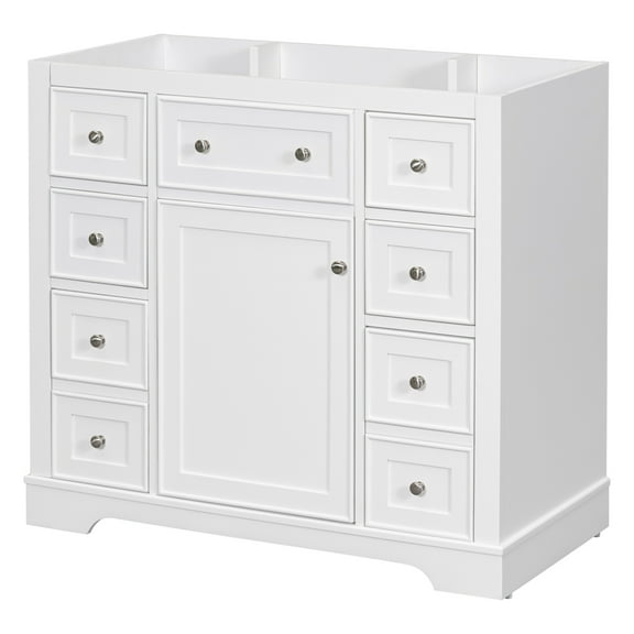 GDF Studio 36" Bathroom Vanity Base Only, Cabinet with One Door and 6 Drawers, Solid Wood Frame, White