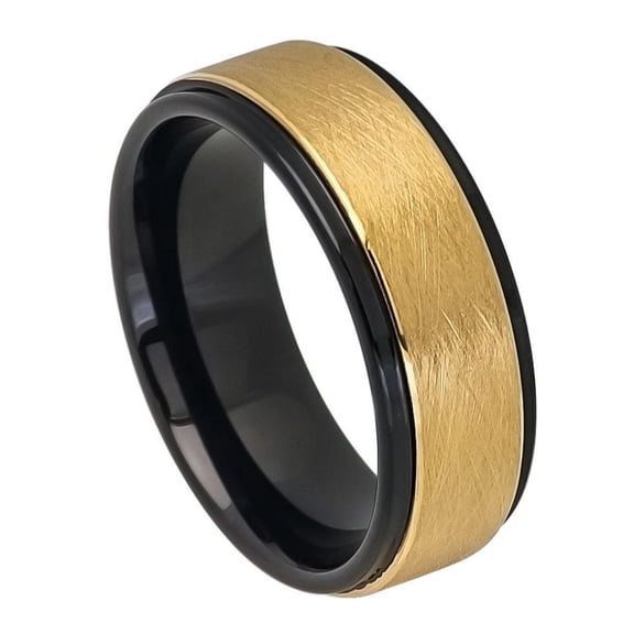 Custom Personalized Engraving Wedding Band Ring Set for Him & Her - 8mm Two-tone Black IP Inside Yellow Gold IP Wire Brushed Finish Center Stepped Edge
