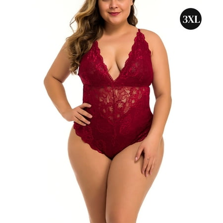 Amart Women Plus Size One Piece Sexy Lace Underwear Deep V Mini Bodysuit Sleepwear Lingeries
