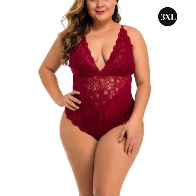 Ropa interior de encaje sexy para mujer, minivestido en V profundo, ropa de dormir, regalo, rojo vino, 3XL Scienceny XX000057-09