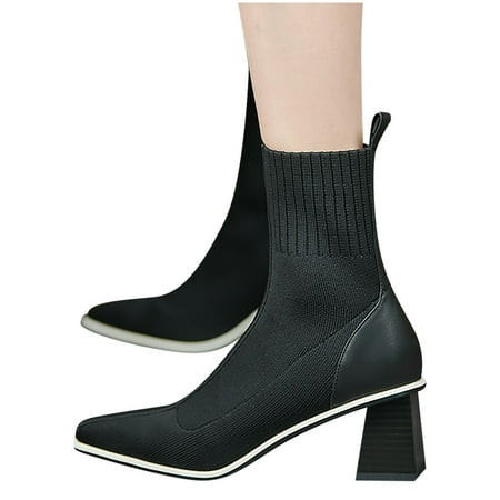 

jsaierl Women s Fashion Autumn Style Pointed Thick Heel Knitted Thin Boots Stretch Socks Boots Women s Casual British Short Boots And Naked Boots
