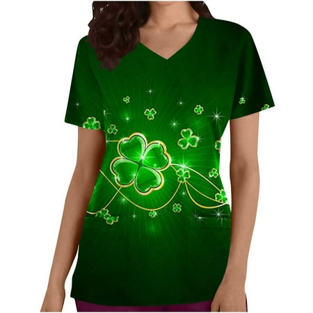 

Scrub Top for Women St. Patrick s Day Nurse Uniform V Neck Working Uniform Medical Funny Shirt Holiday 2 Pocket Workwear