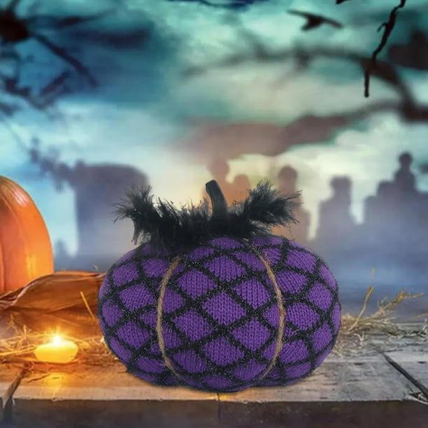 Decoración de calabaza de algodón tejido de Halloween | Morado, Naranja, Verde, Amarillo, Negro | Mediano 6,7" | Mesa acogedora de otoño, sofá, adorno del salón | Regalo festivo, duradero y suave