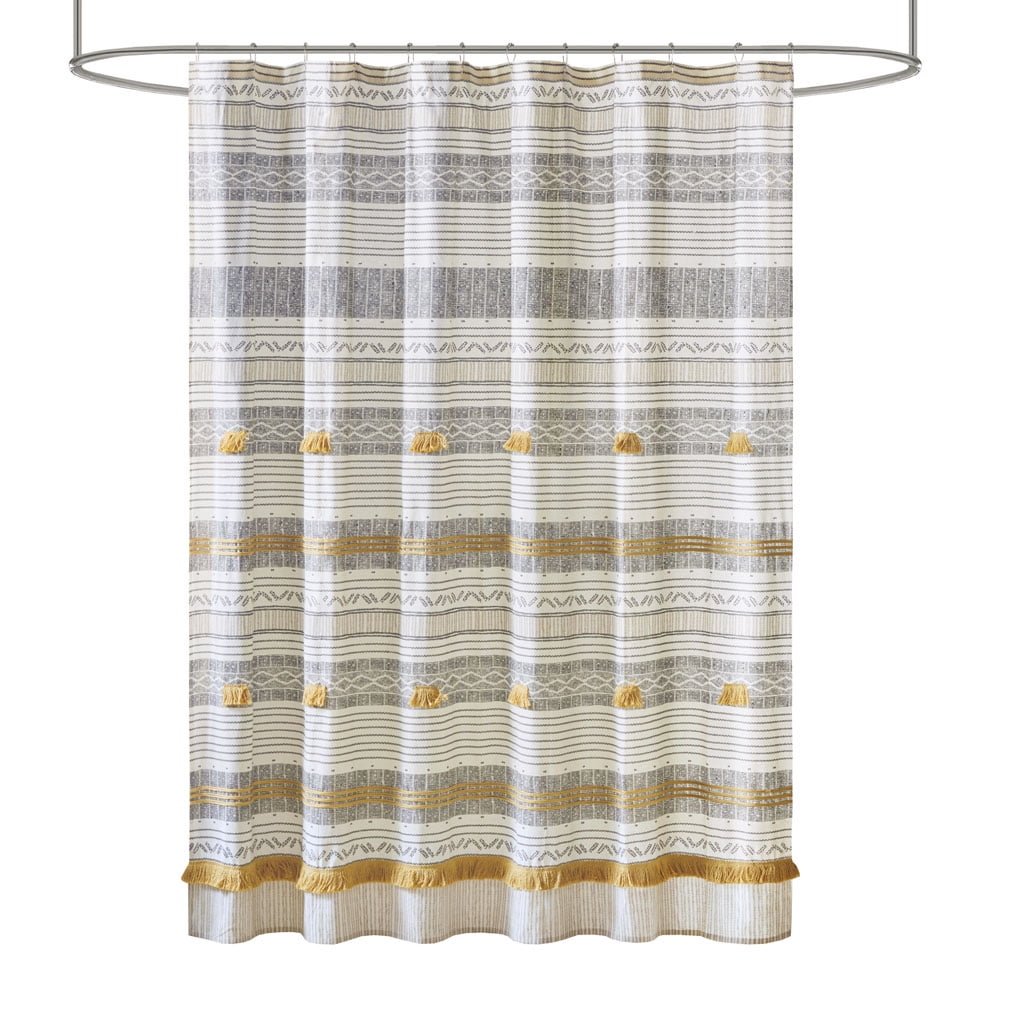 MAYEERTY Cotton Stripe Printed Shower Curtain with Tassel，Bathroom Shower Curtains