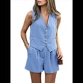 thumbnail image 2 of Conjuntos de Verano de 2 Piezas para Mujer, Sin Mangas, con Cuello en V, Abotonado, Chaleco y Pantalones Cortos con Bolsillos. Azul M, 2 of 9