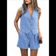 thumbnail image 2 of Conjuntos de Verano de 2 Piezas para Mujer, Sin Mangas, con Cuello en V, Abotonado, Chaleco y Pantalones Cortos con Bolsillos. Azul S, 2 of 9