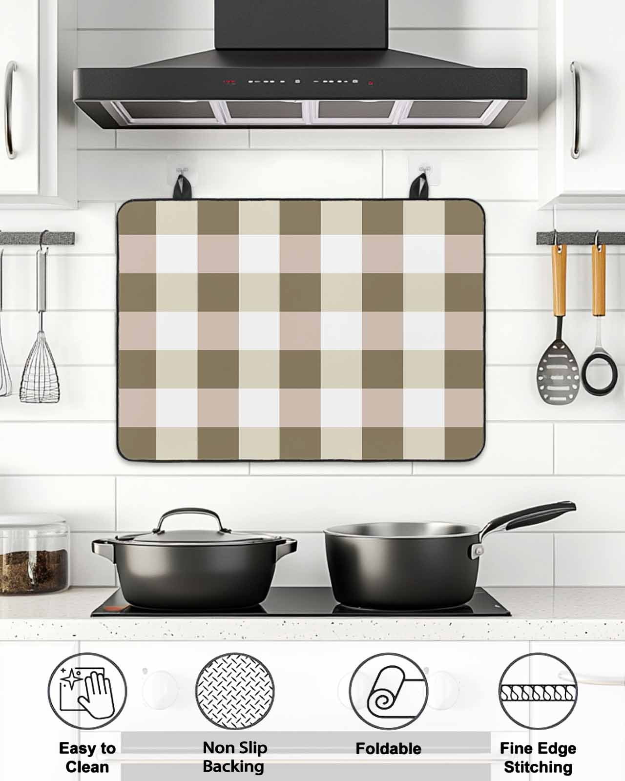 Stove Top Covers for Electric Stove, Brown Plaid Glass Stovetop Cover Protector, Spring Summer Farmhouse Buffalo Checkered Induction Cooktop Protector Oven Mat for Kitchen Countertop 28.5"x20.5"