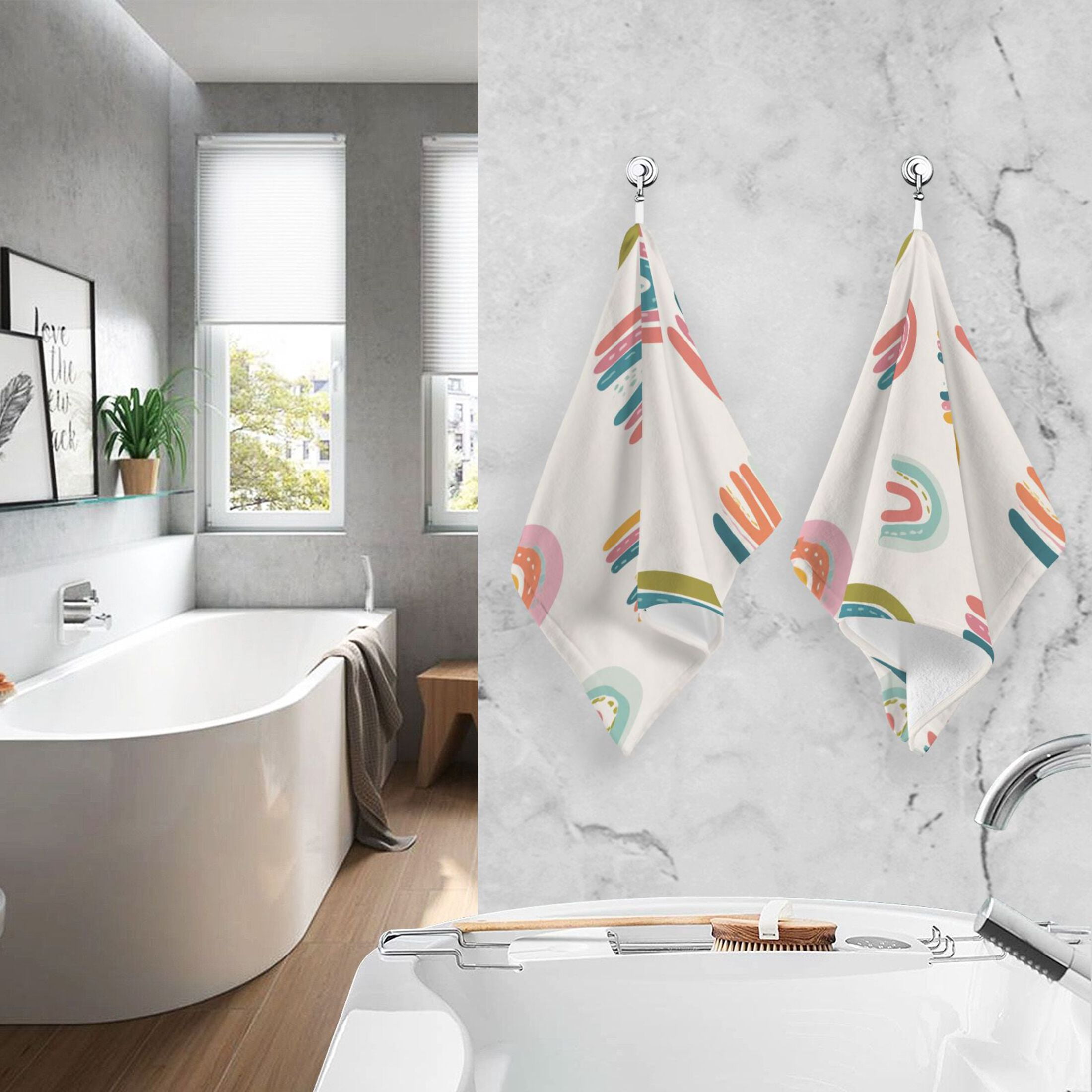 2 Pieces of Cotton Towel Face Towel Set Hand Towel Bath Towel Cotton Bath Towel Sets Colorful Cartoon Rainbow Pattern