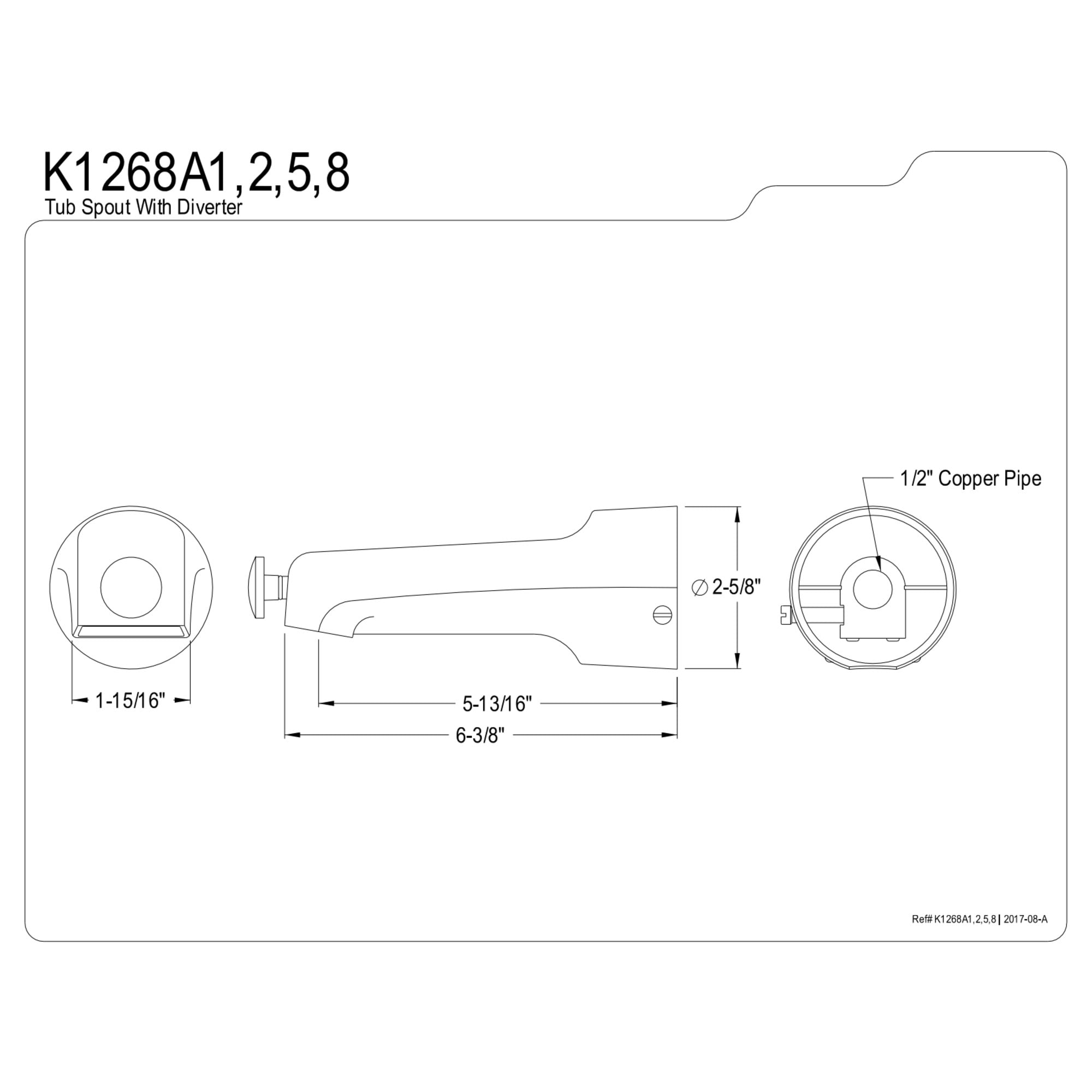 Kingston Brass K1268A1 Shower Scape 6-3/8 Inch Zinc Tub Faucet Spout with Diverter, 1/2 Inch CTS in Polished Chrome