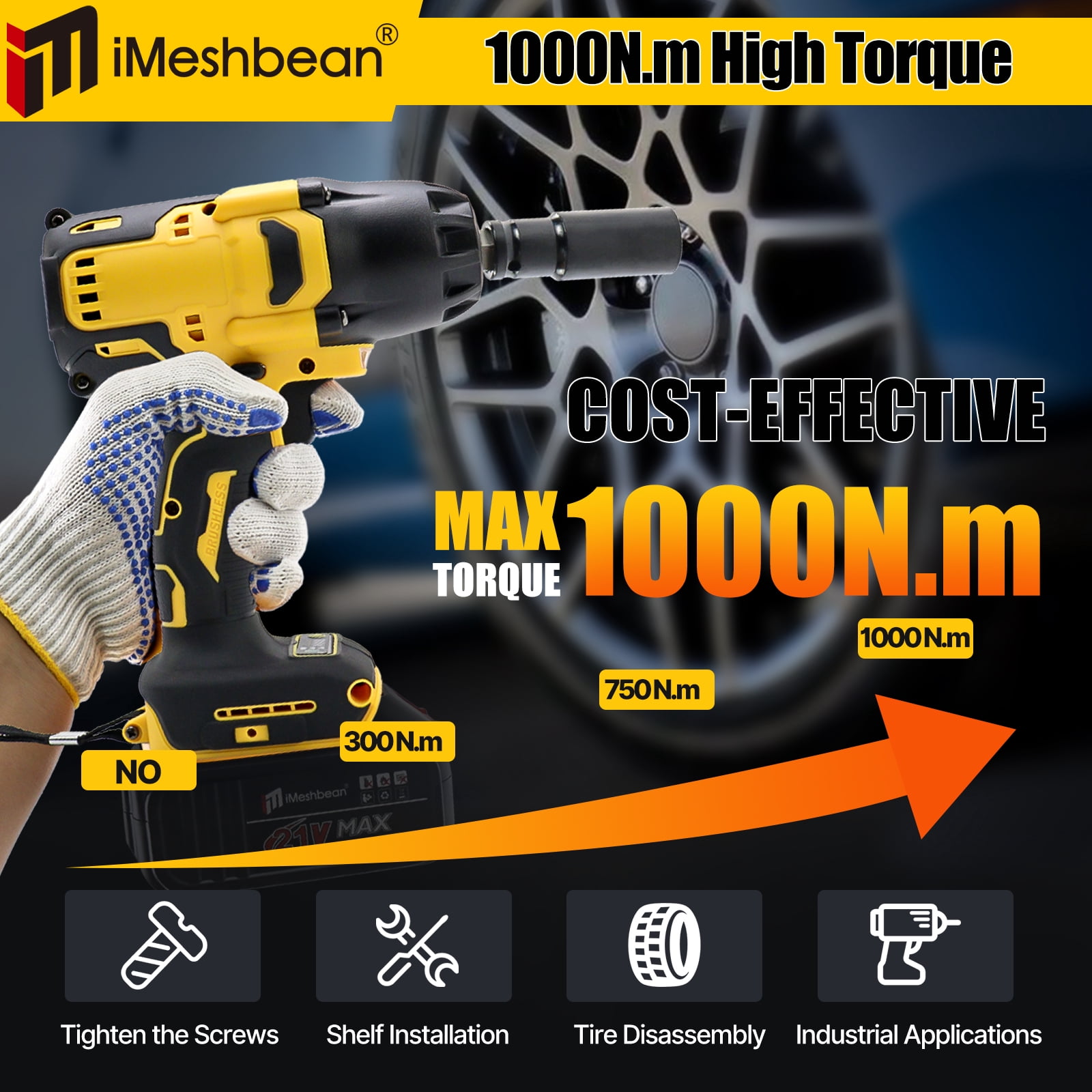 iMeshbean 1/2 inch Cordless Impact Wrench 1000N.m High Torque Power Brushless Drill 3 IN 1 Screwdriver Socket Tools