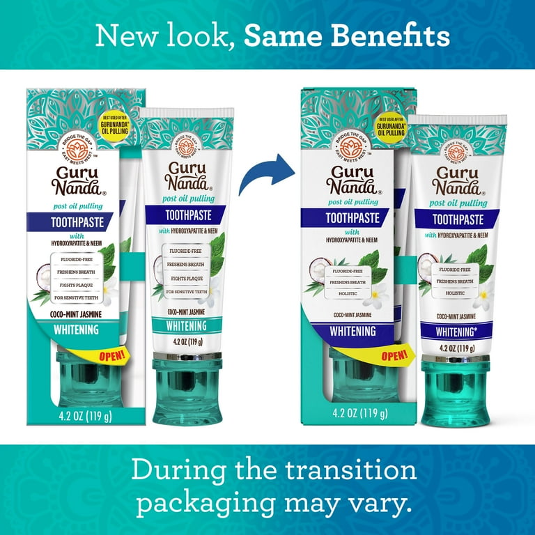 GuruNanda Whitening Toothpaste with Neem & Hydroxtapatite, Cocomint  Jasmine, Fluoride - Free, 4.2oz